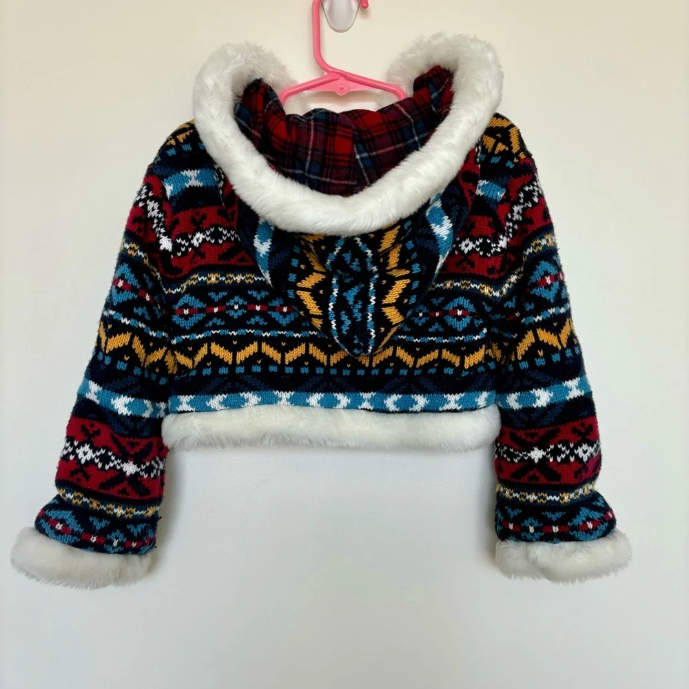Children’s Place Girls Red Plaid Knit Cropped Jacket Faux Fur Hooded Coat 4T XS